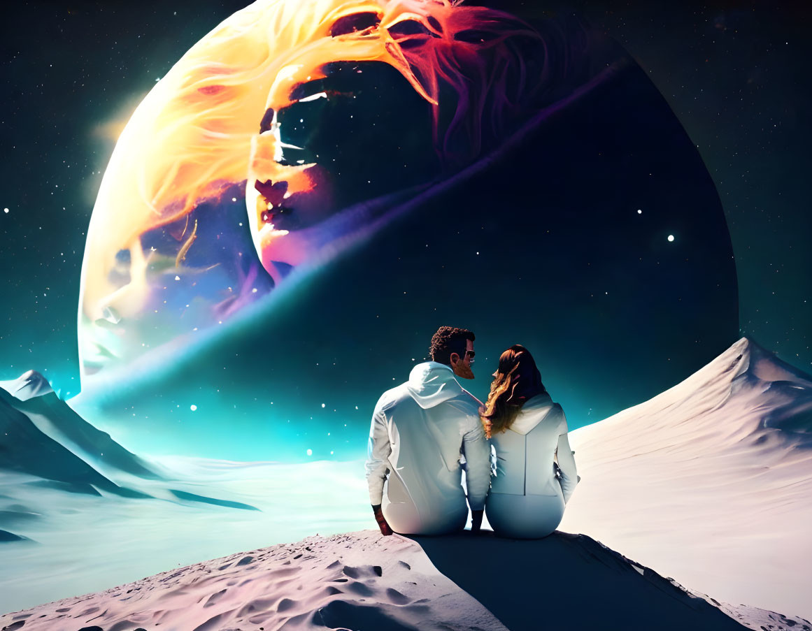 Couple admires surreal alien landscape with vibrant sun and planetary face