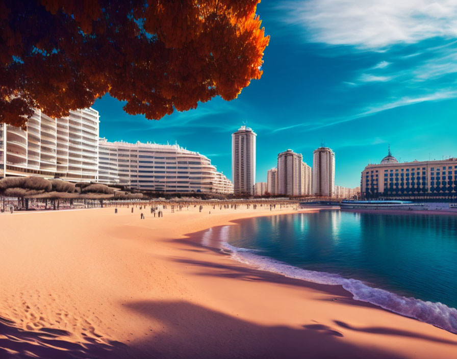 Vibrant color-enhanced beach scene with modern high-rise buildings