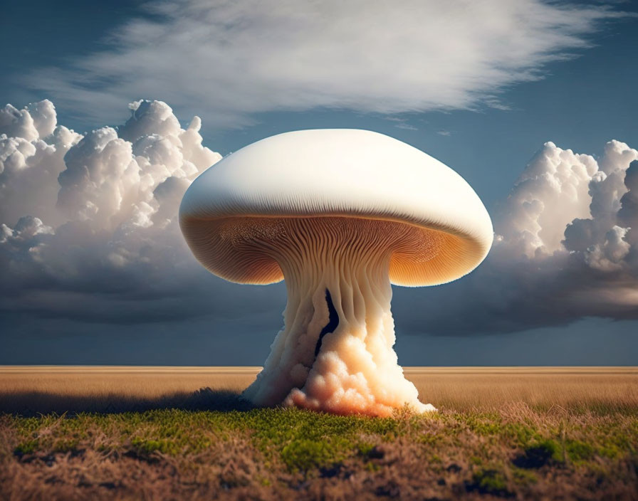 Large mushroom structure under dramatic sky on open plain