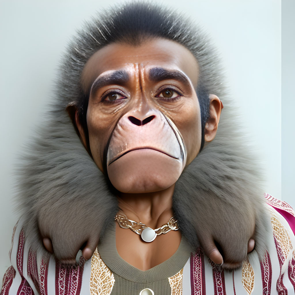 Digital artwork: Humanoid figure with monkey head, stylish shirt, elegant necklace