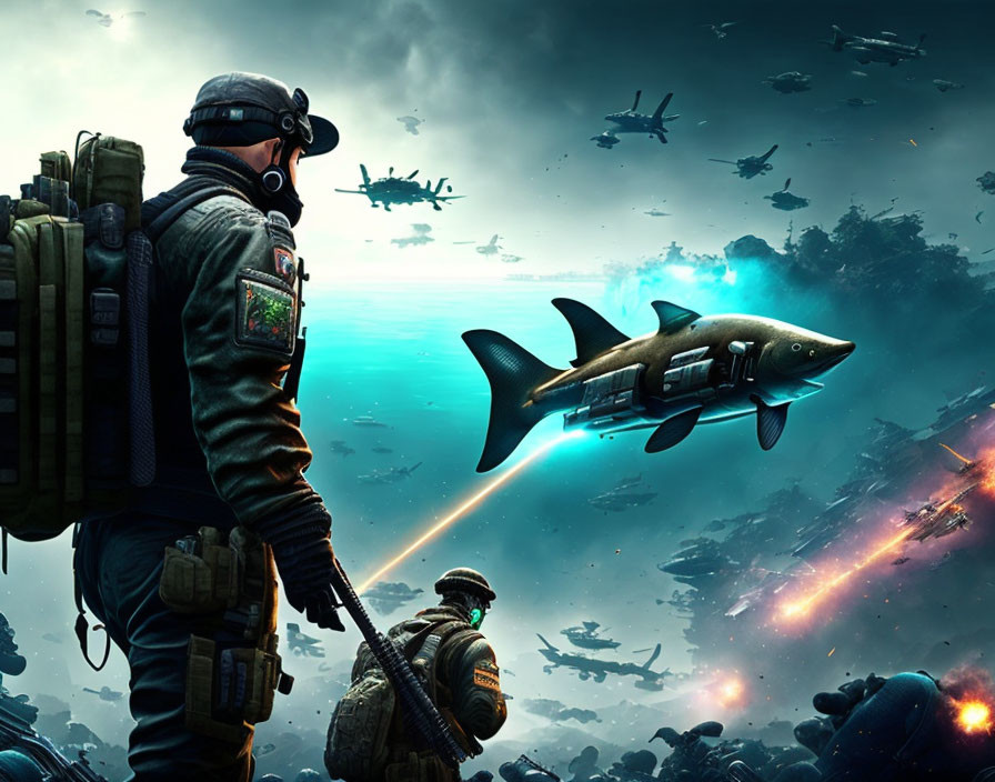 Surreal battlefield scene with flying sharks and futuristic aircraft