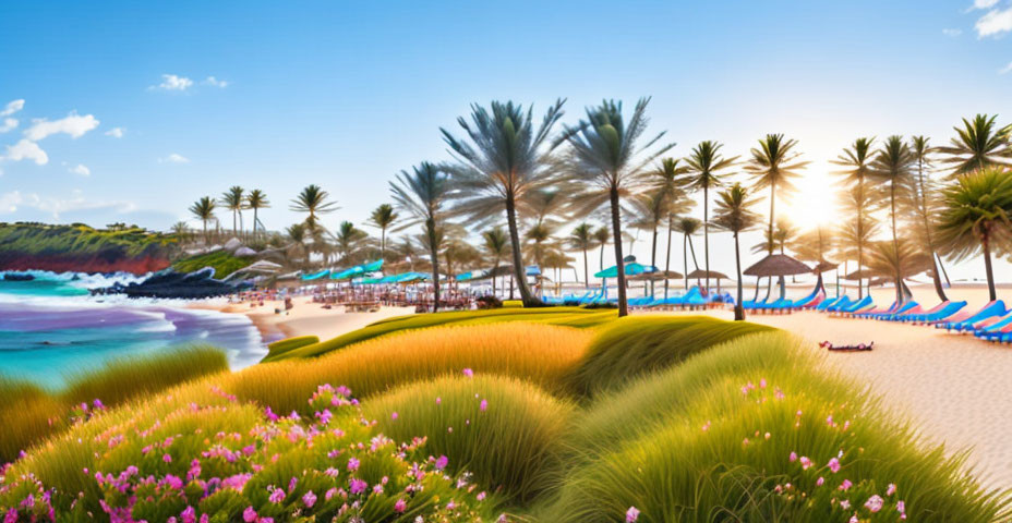 Tropical beach scene with sun loungers, umbrellas, lush greenery, vibrant flowers, and