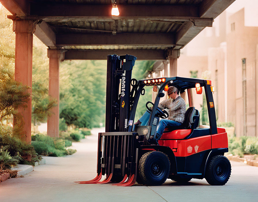 Man driving red forklift under wooden structure on paved path