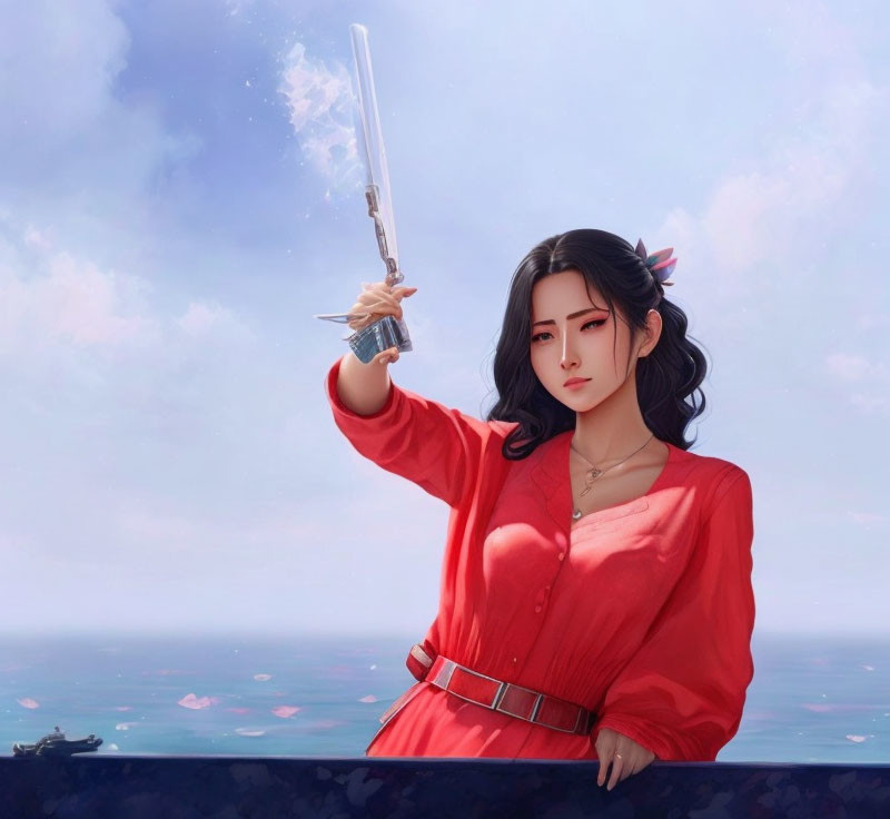 Digital illustration: Woman with dark hair in red outfit wields sword under cloudy sky, ships in background