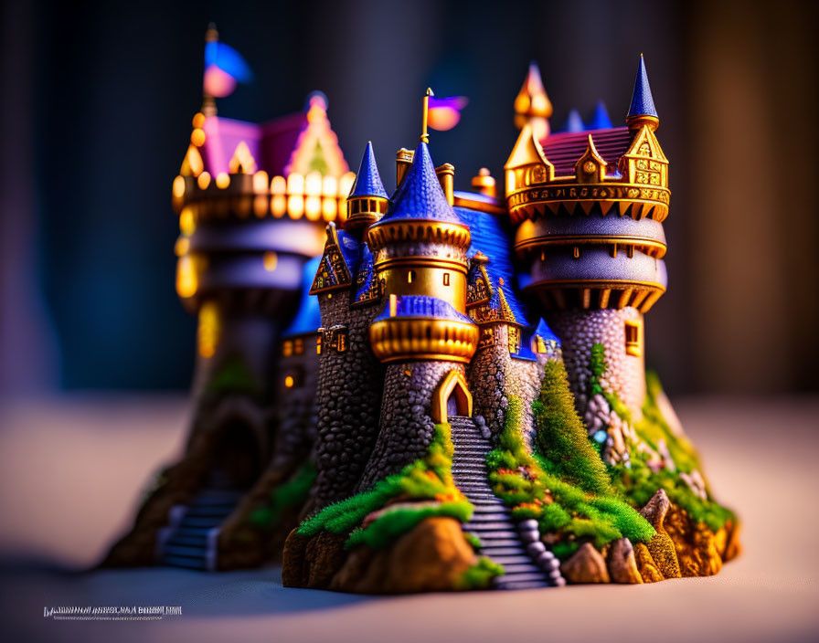 Colorful miniature fairy tale castle against soft blur.