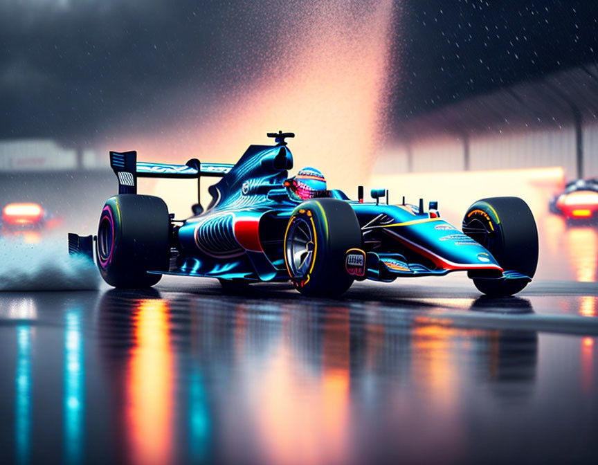 Speedy Formula 1 car on wet track with illuminated tail lights