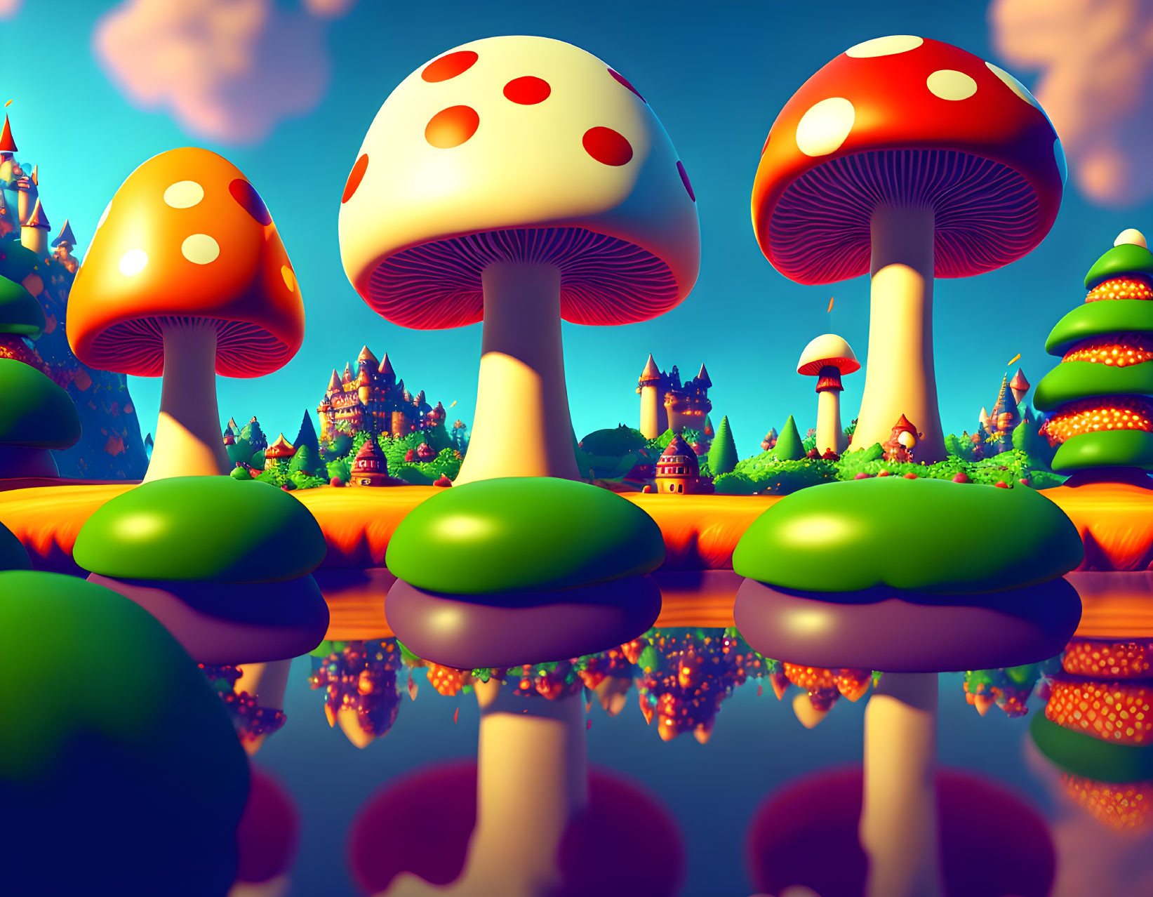 Vibrant fantasy landscape with oversized mushrooms and whimsical castles