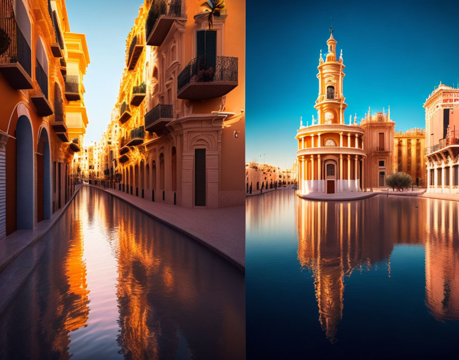 European Architecture Reflected in Water at Sunset