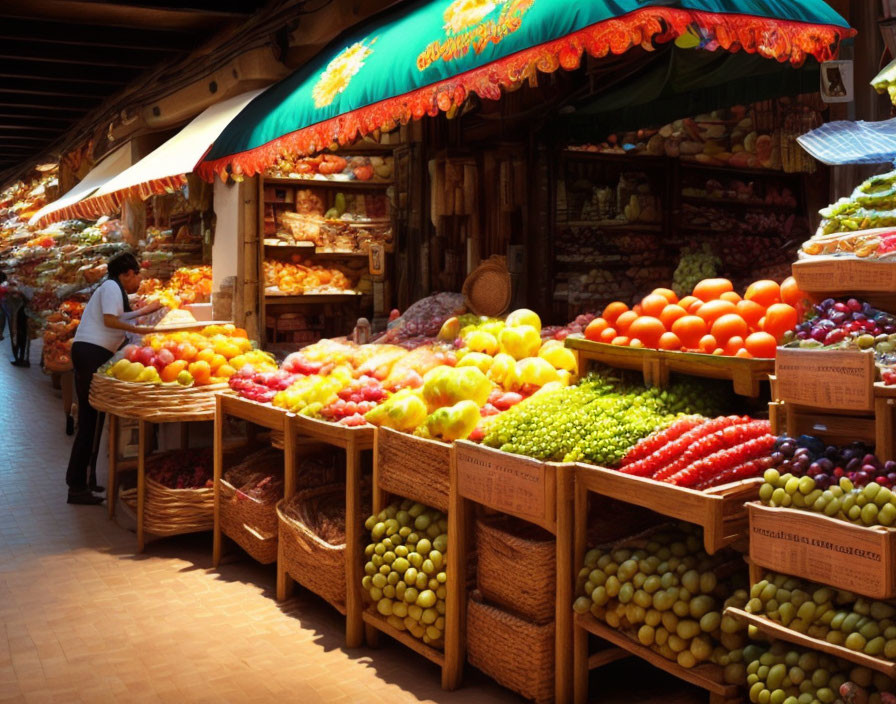 Colorful Indoor Market with Fresh Produce Vendors and Customers