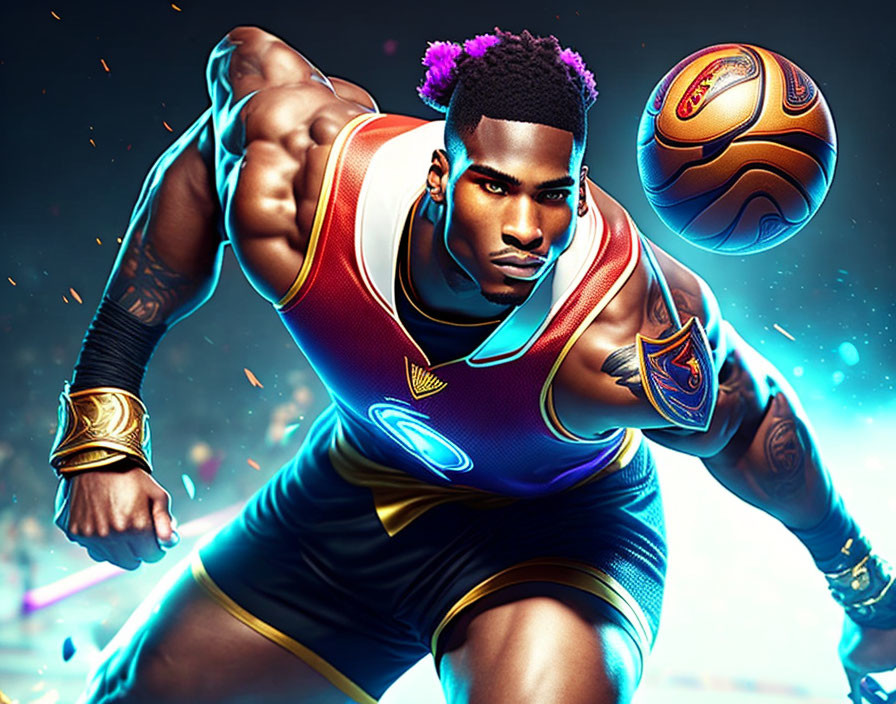 Futuristic basketball player with glowing attire and levitating ball