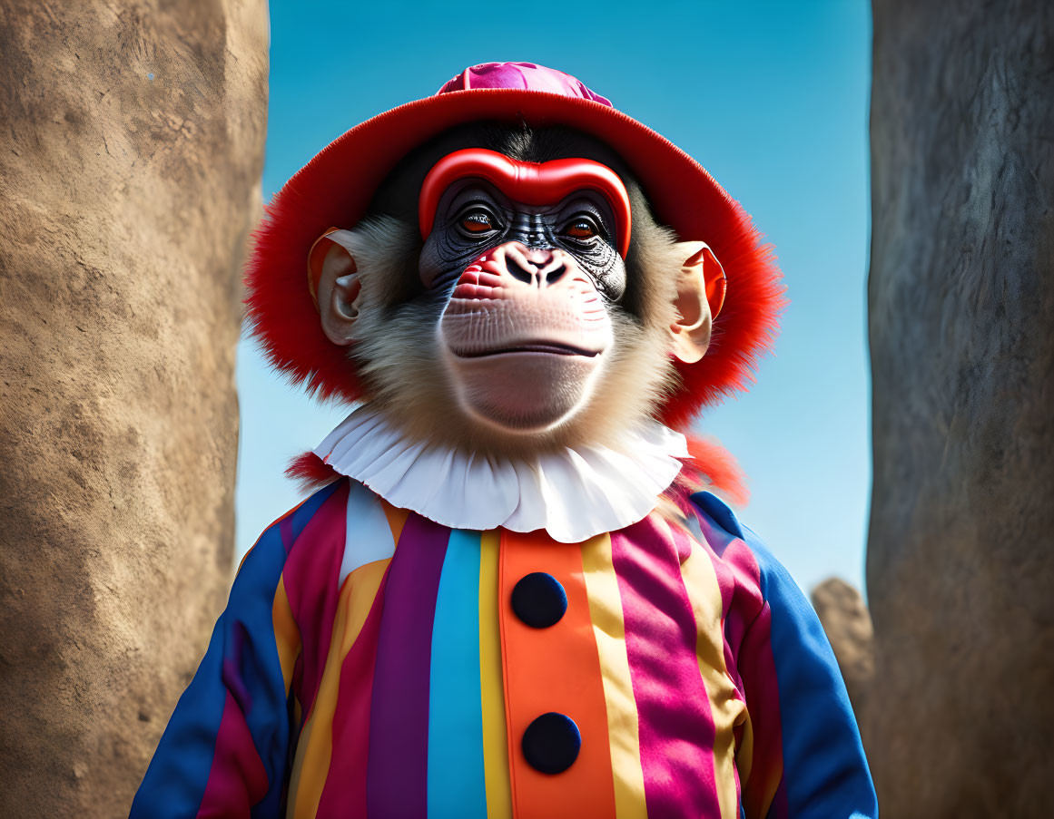 Colorful Clown Monkey Between Two Rocks Under Blue Sky