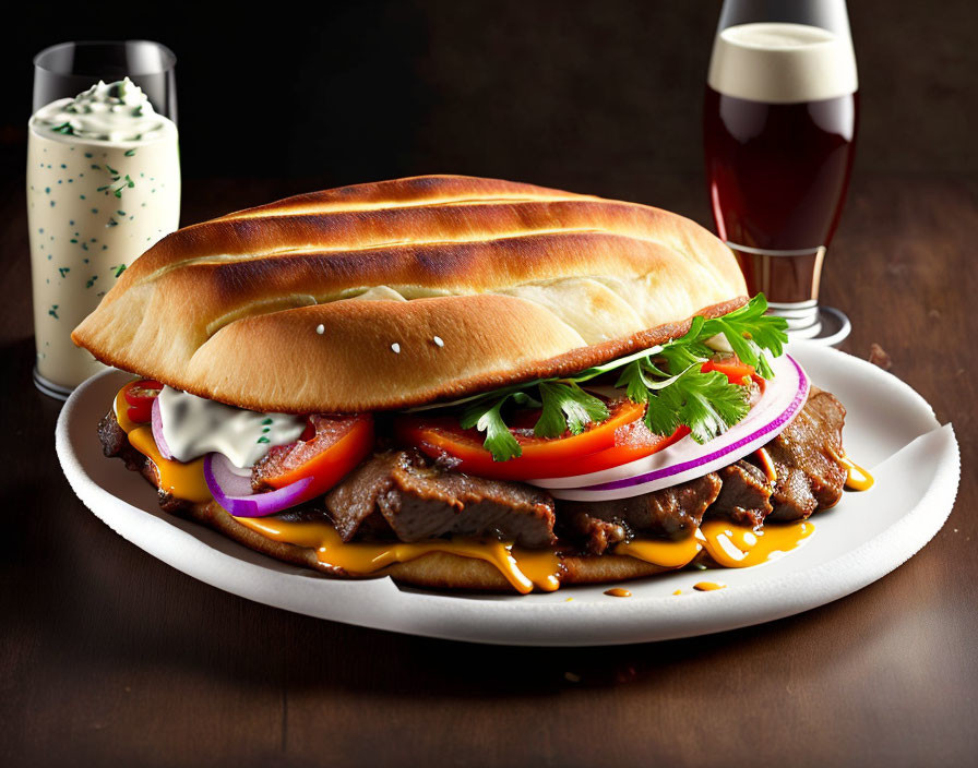 Delicious Steak Sandwich with Melted Cheese, Onions, Tomatoes, Lettuce,