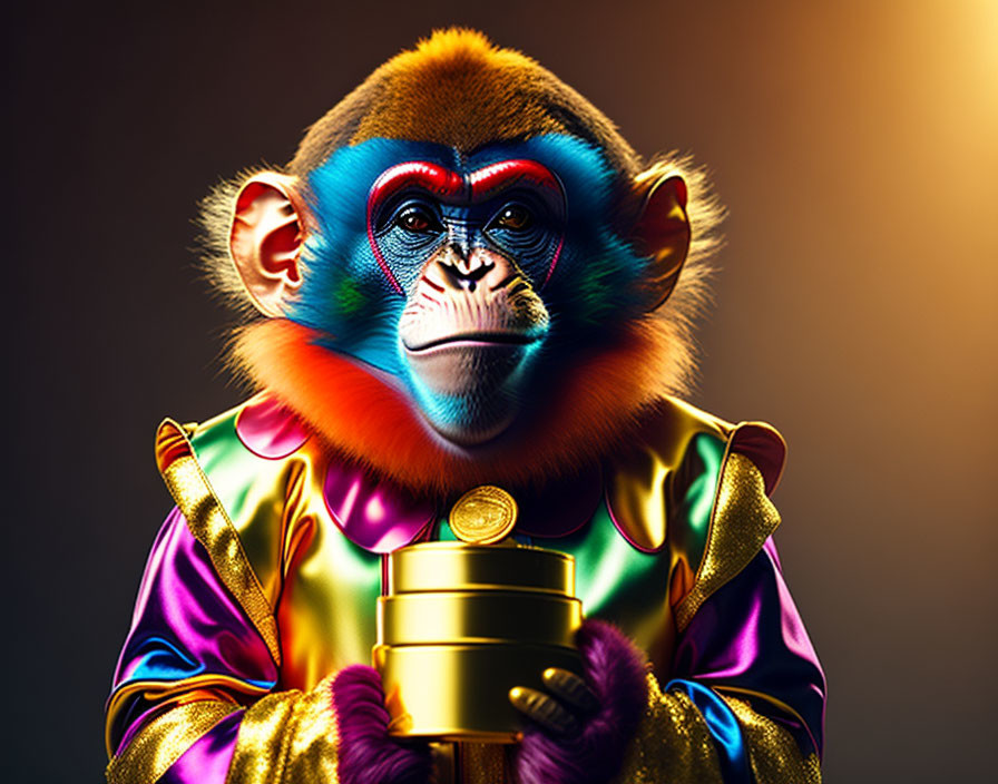 Vibrant Mandrill Monkey Artwork with Golden Object on Dark Background