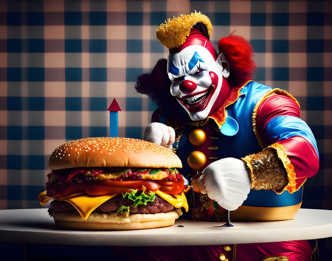 Vibrant Clown with Giant Burger on Checkered Background