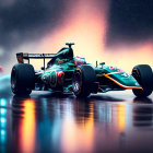 Speedy Formula 1 car on wet track with illuminated tail lights