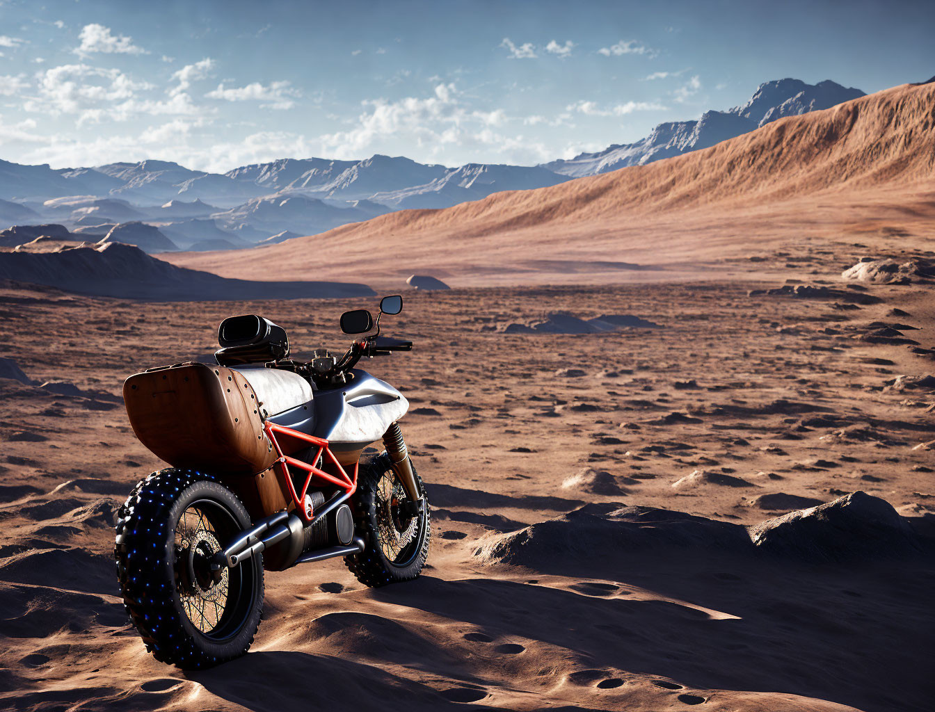 Motorcycle with sidecar on sandy dunes under blue sky