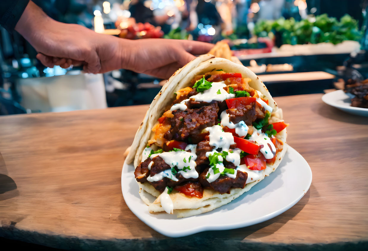 Loaded gyro with meats, toppings, and sauces on white plate