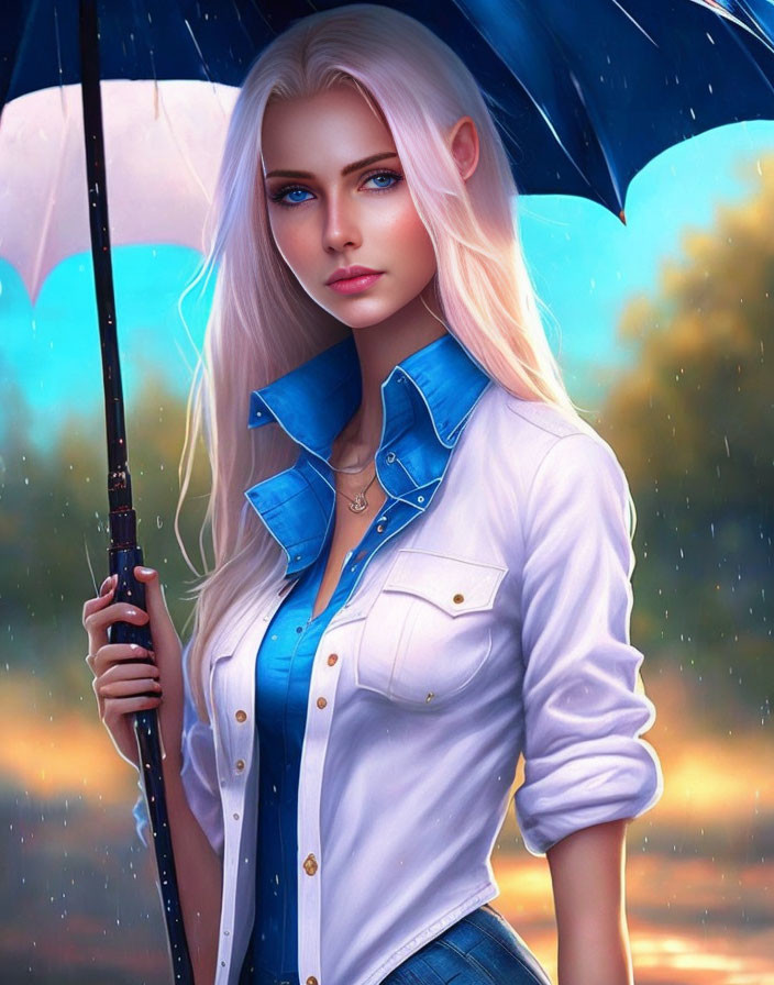 Blonde woman with umbrella in rain against warm backdrop