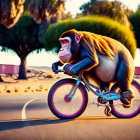 Vibrant mandrill monkey on bicycle with sunset backdrop.