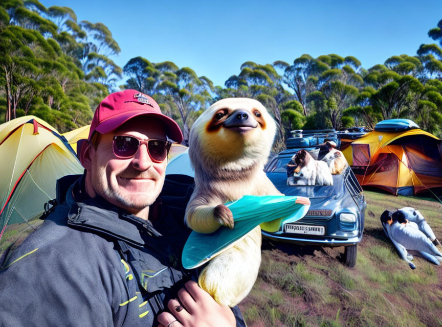 Man with Cap and Sunglasses Selfie with Sloth and Surfboard, Dog Driving Car, Penguins