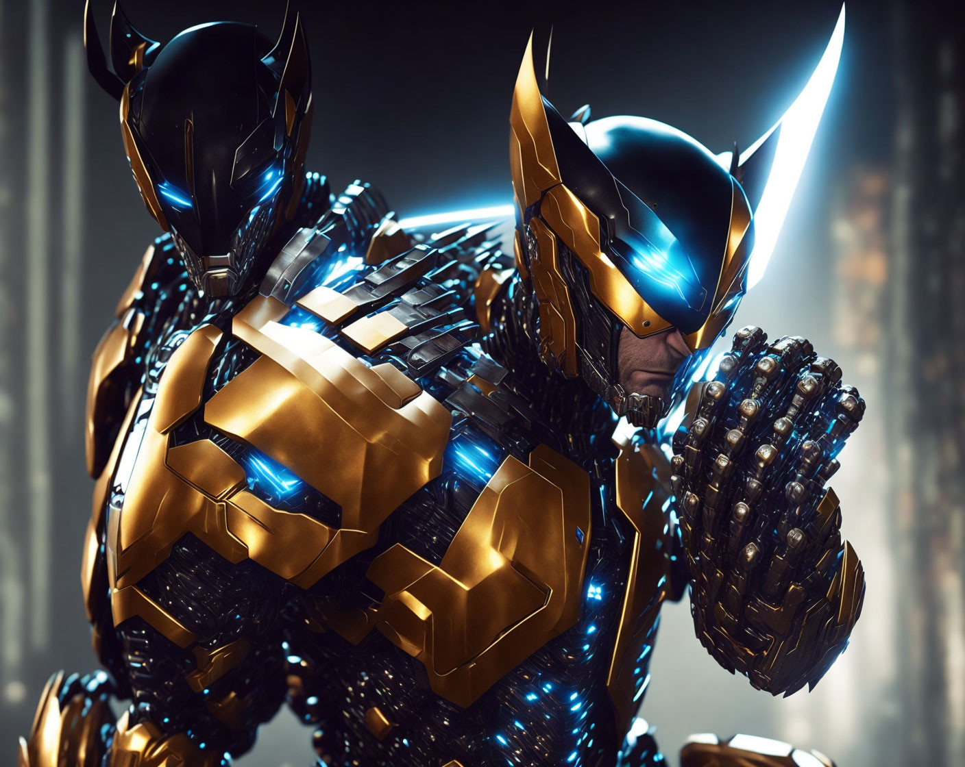 Futuristic knight in gold and black armor with pointed ears helmet ready for battle