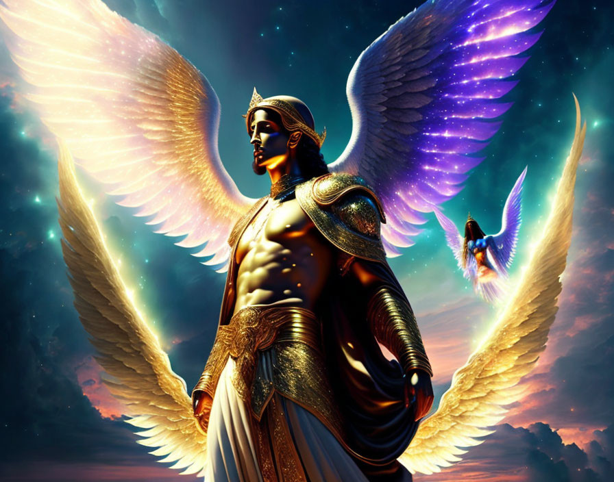 Armored figure with colorful wings and celestial backdrop.