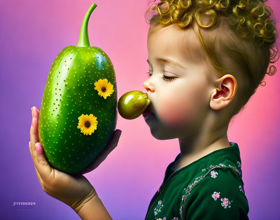 Curly-Haired Child Smelling Digitally Altered Cucumber on Purple Background