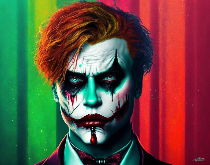 Serious male figure with Joker makeup on colorful background