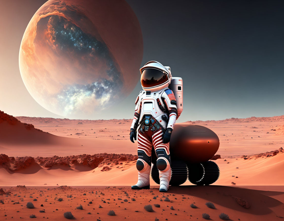 Astronaut on Mars-like landscape with rover and large planet in sky