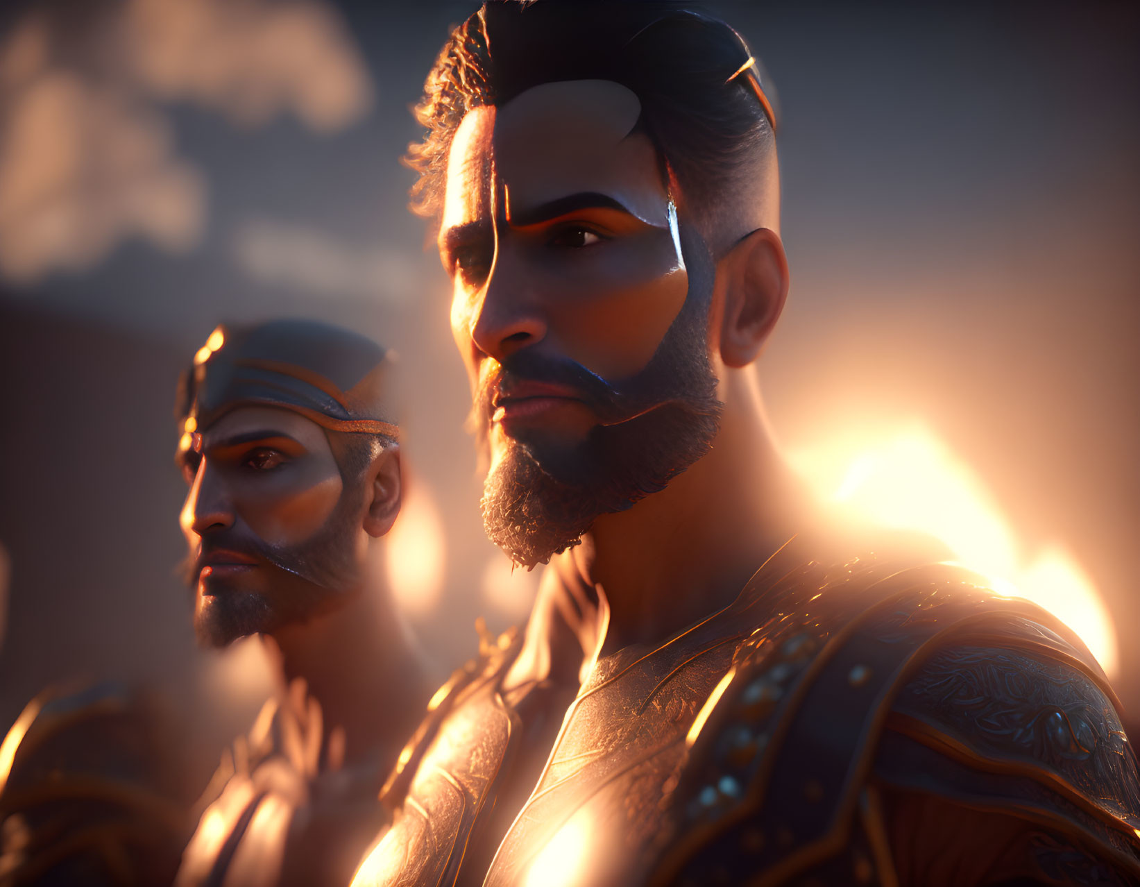 Animated warriors in ornate armor with stern expressions in fiery glow