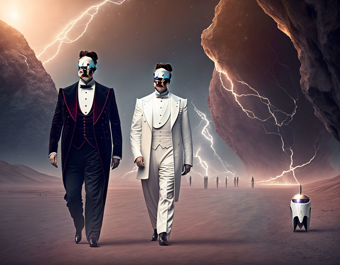 Two individuals in animal masks and suits stride in surreal desert with robot and stormy sky.