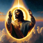 Majestic figure with glowing halo ascends in dramatic sky