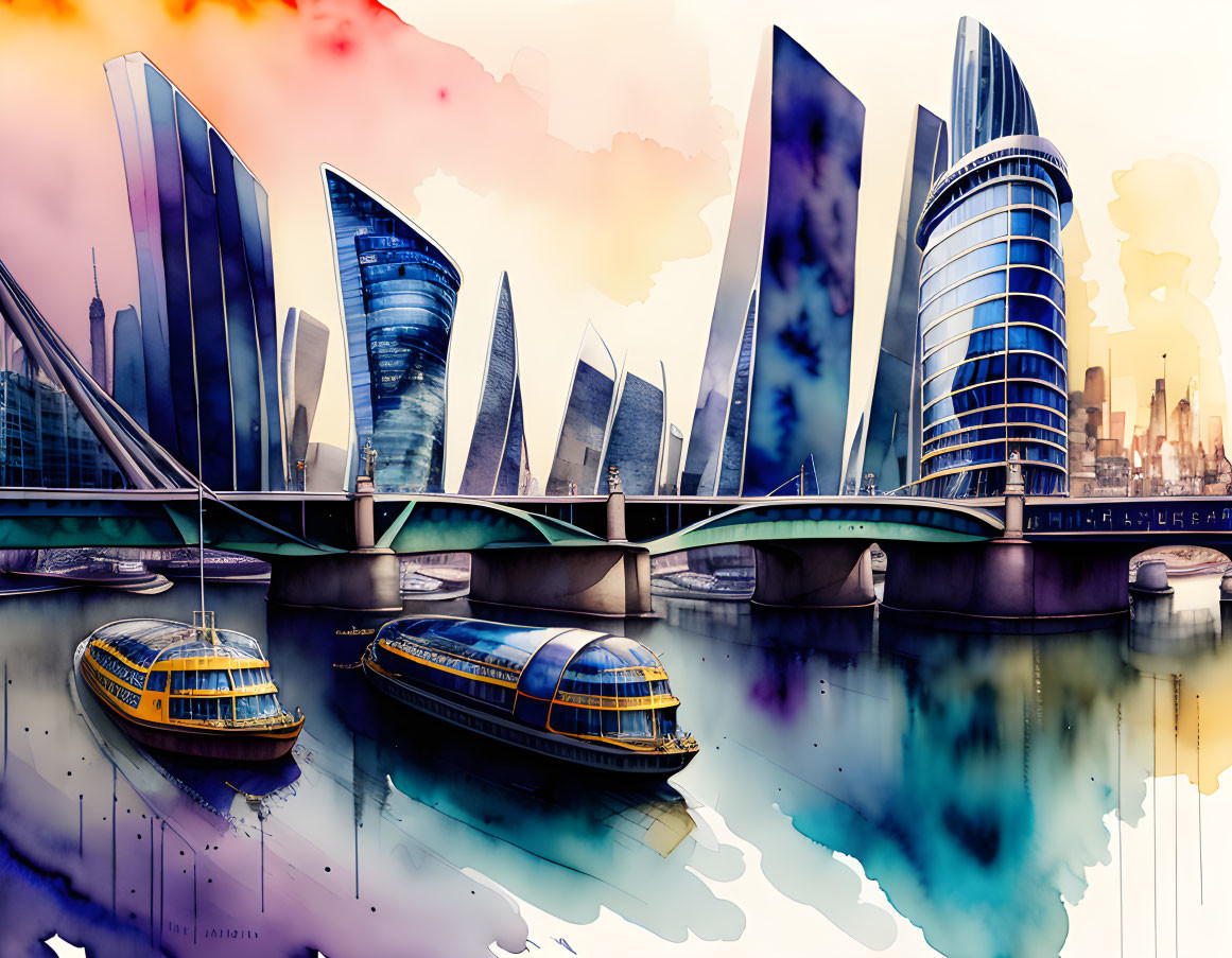 Vibrant futuristic cityscape illustration with sleek skyscrapers and boats on waterway