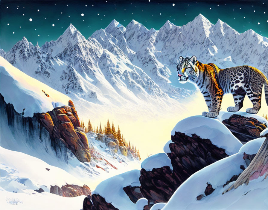 Snow leopard on snowy cliff with mountains and starry sky