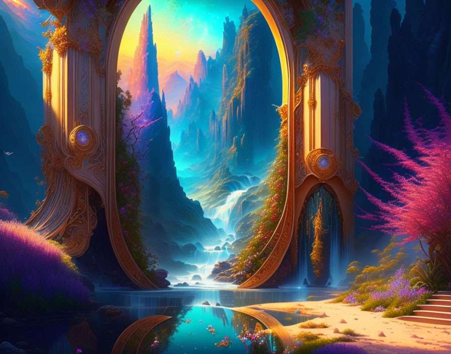 Golden gateway reveals mystical landscape with cliffs, river, flora, luminous atmosphere