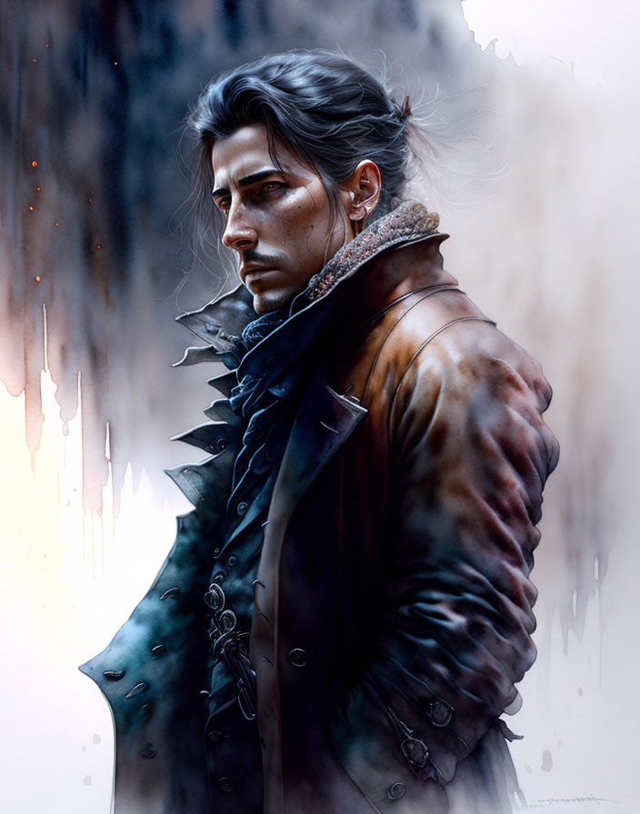 Long-haired man with scar in distressed leather jacket, fur collar, painted with stylized drips