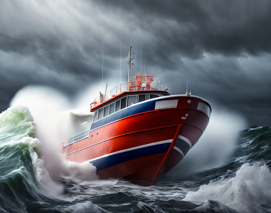 Red and white boat in turbulent waves under stormy sky