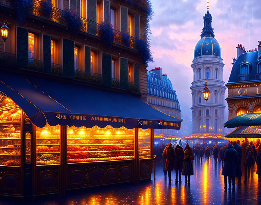 Charming Street Scene with Bakery and Parisian Architecture at Twilight