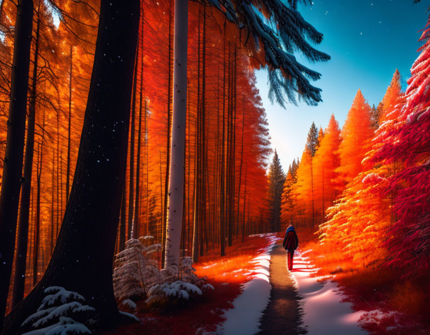 Colorful surreal forest with snow-covered ground and fiery-orange trees