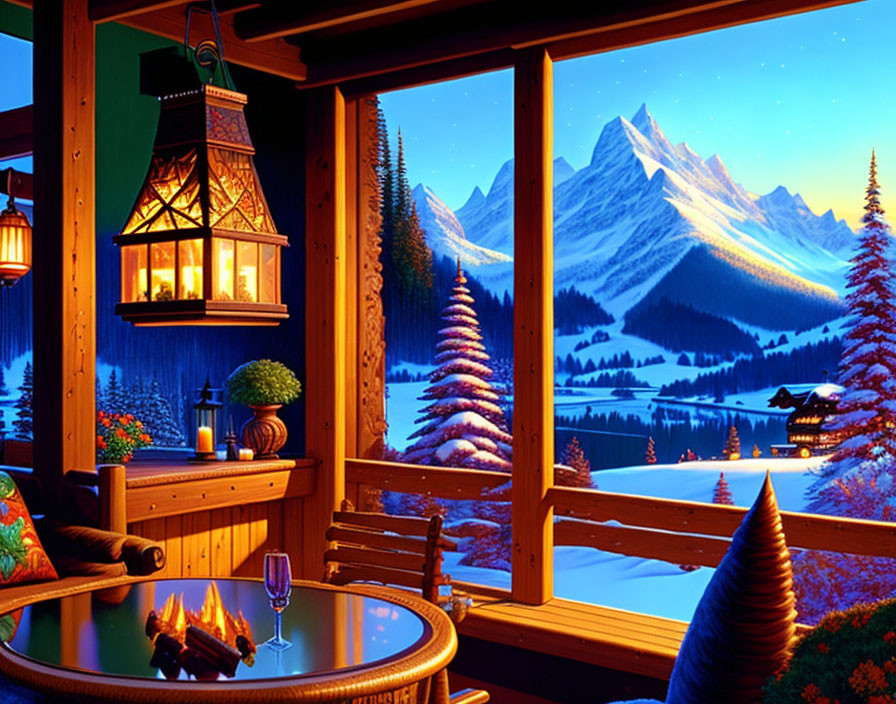 Snowy mountain cabin interior with lantern, Christmas trees, and warm glow.