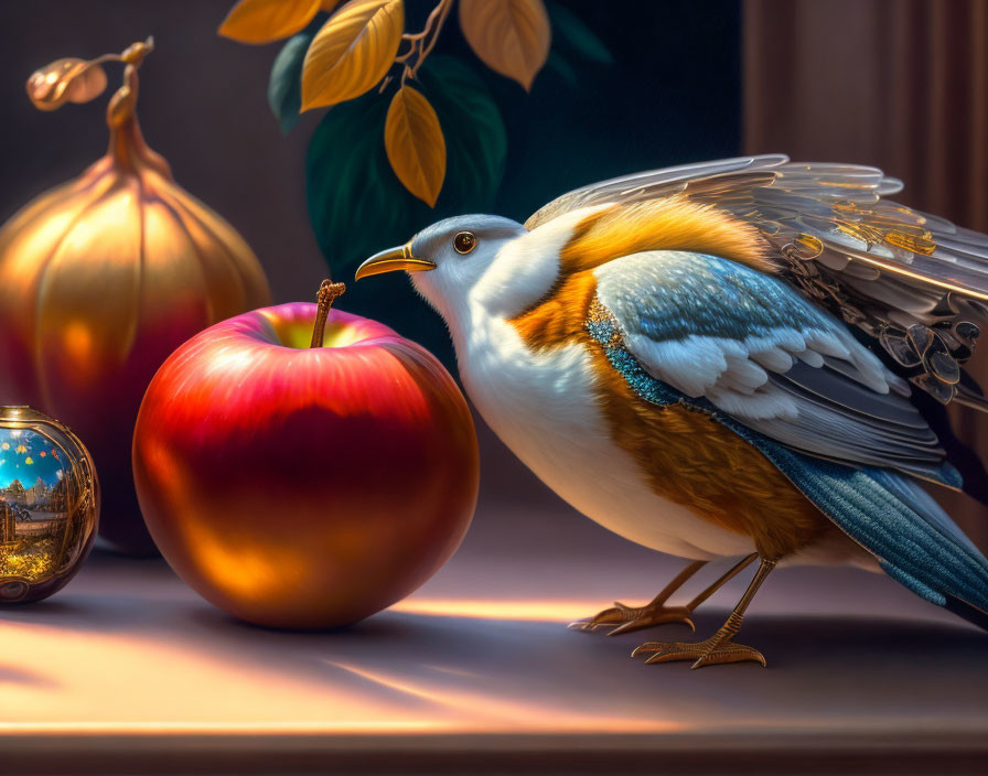 Colorful mechanical bird with intricate wings next to glossy apple, golden ornament, and sprouting bulb