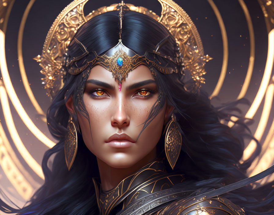 Intricate Fantasy Portrait of Woman with Golden Crown and Armor