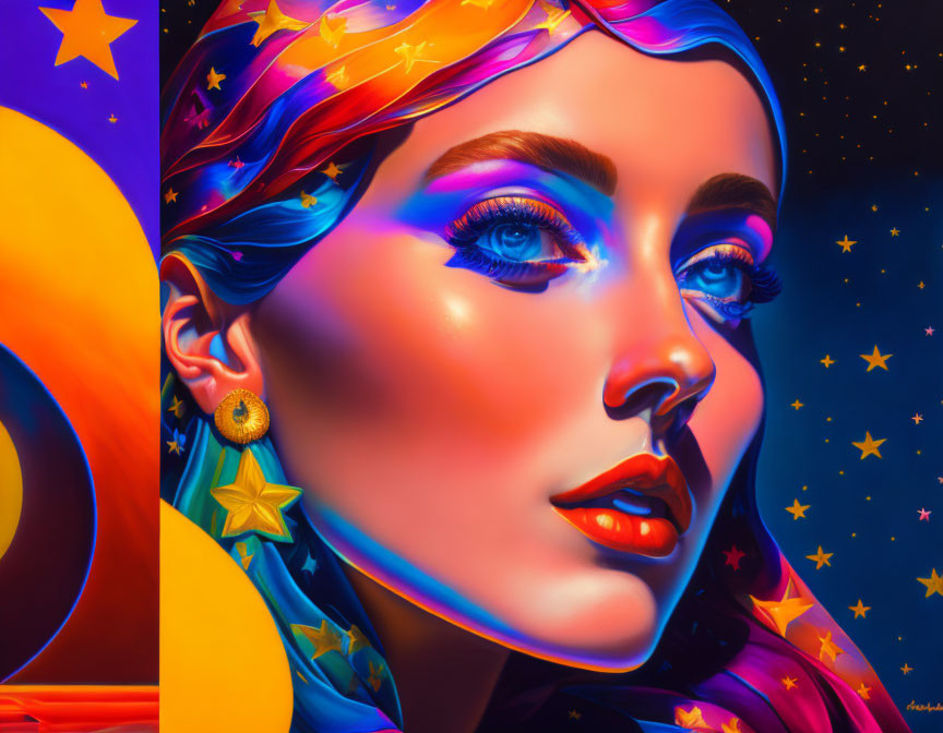 Colorful makeup portrait with starry motifs against crescent moon and stars