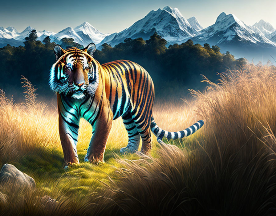 Majestic tiger with glowing stripes in grassy field and snowy mountains