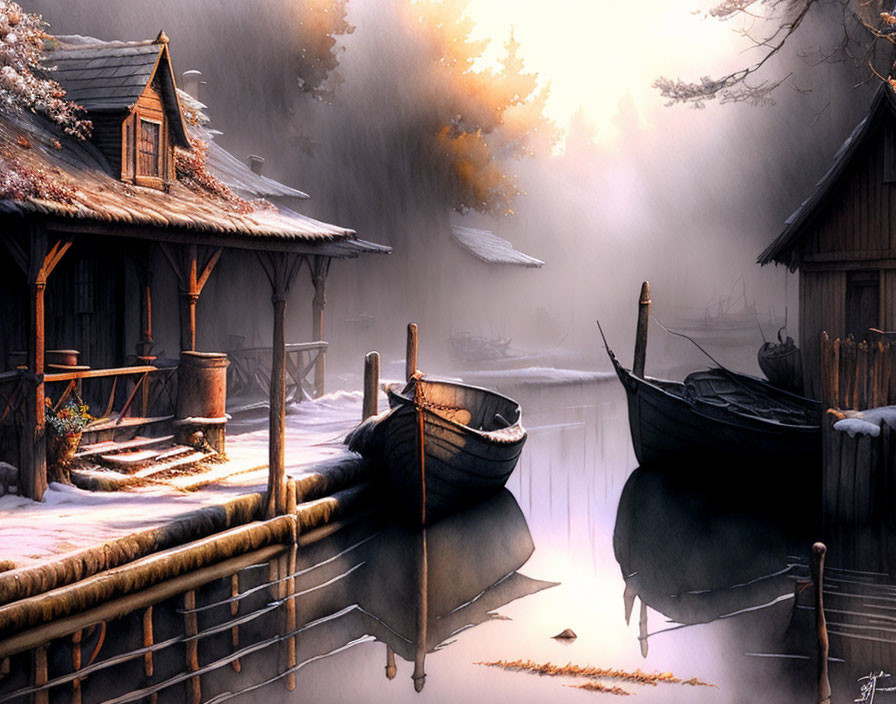 Winter River Scene: Wooden Cabin, Snow, Boats, Misty Forest