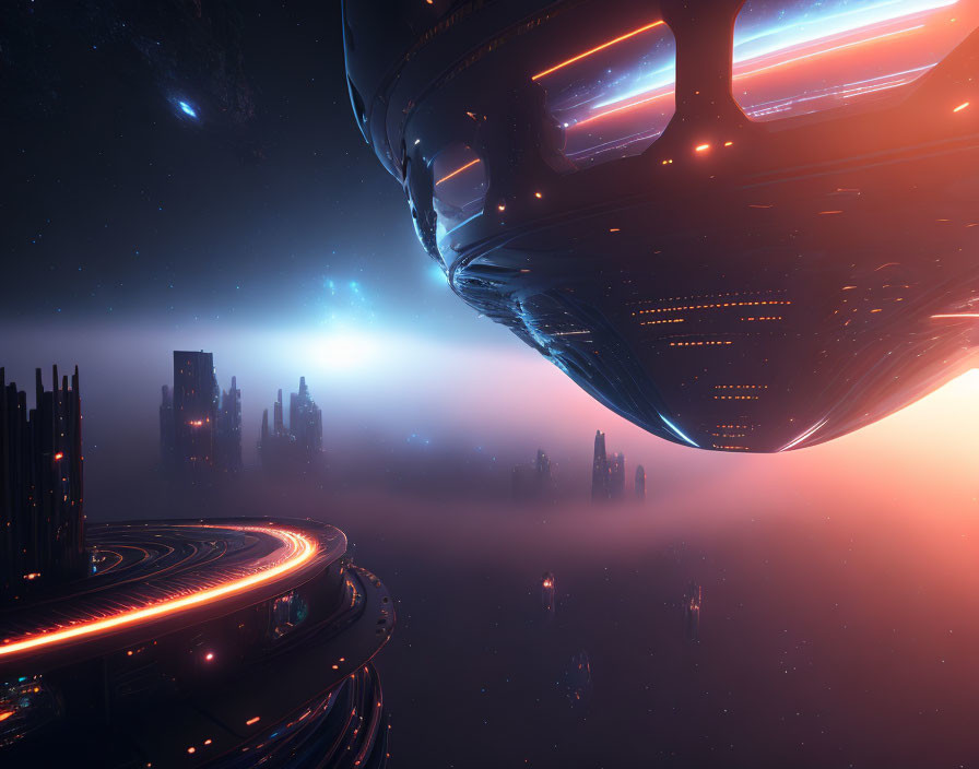 Futuristic Scene with Illuminated Structures and Mist