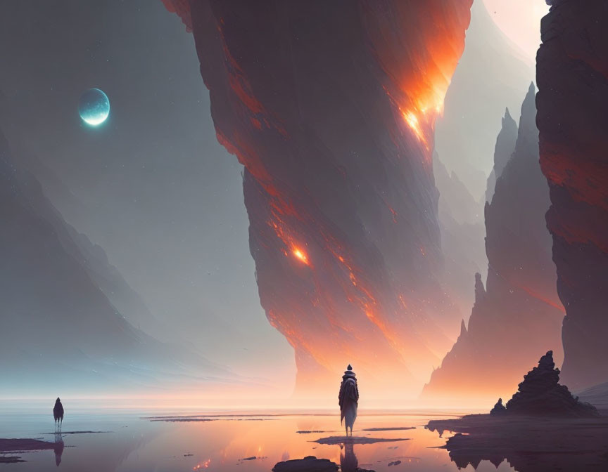 Mysterious figures in surreal landscape with glowing orb and reflective water