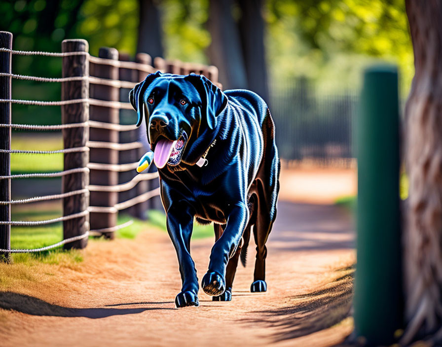 Shiny black dog running with frisbee on sunlit path