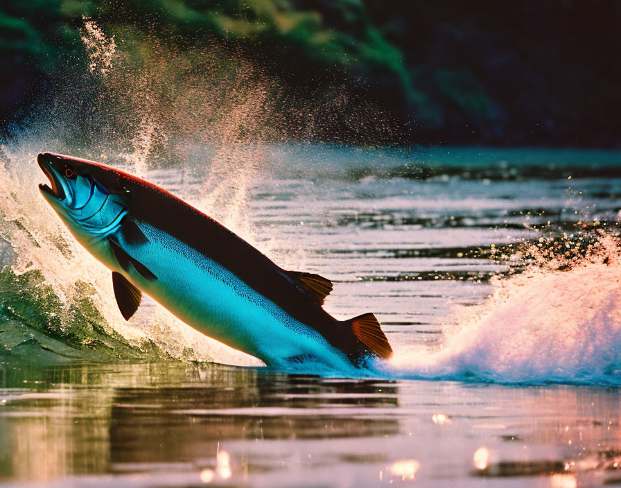 Colorful fish jumping out of water under sunlight glow