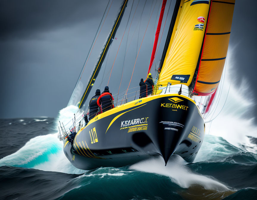 Black and yellow sailboat racing through rough seas with crew battling strong winds